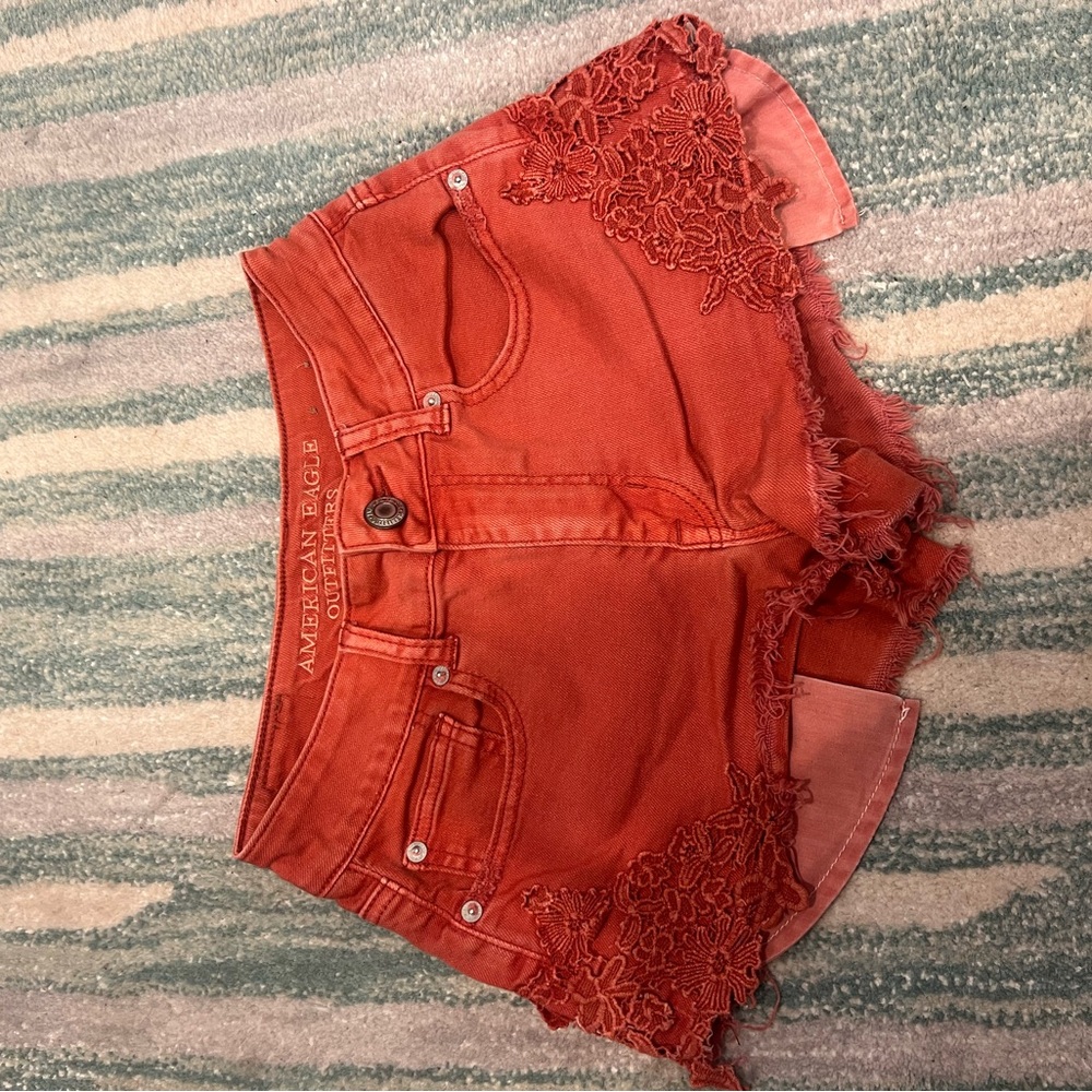 American Eagle Outfitters Red Jean Shorts Distressed High-Waisted